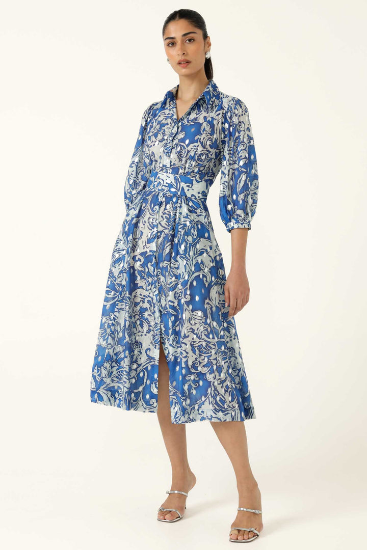 Elmridge Dress in Blue White Silver