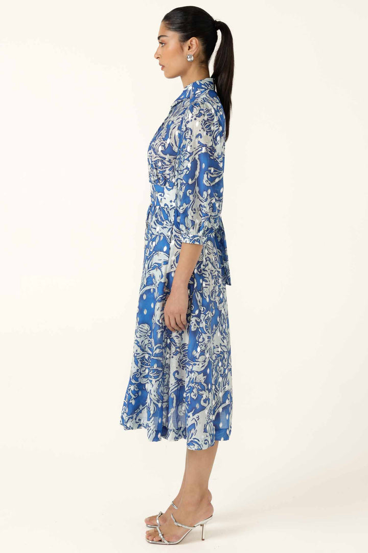 Elmridge Dress in Blue White Silver