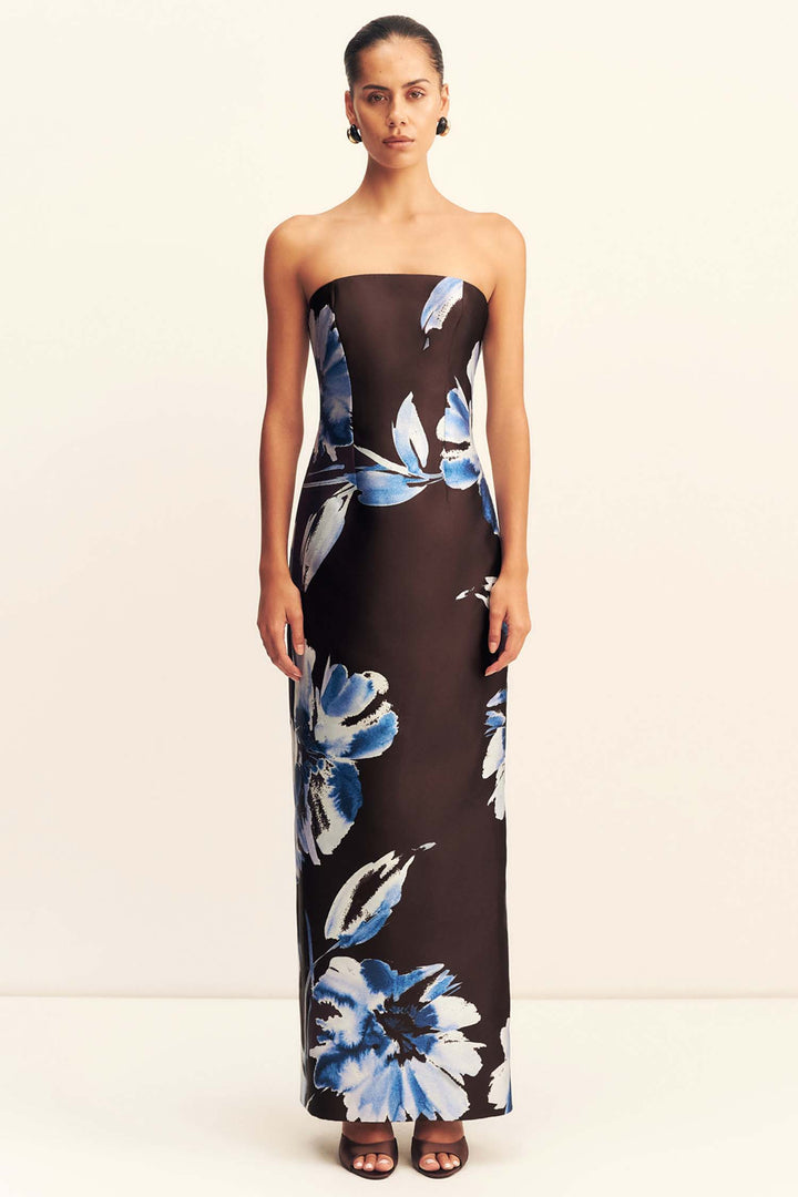 Elsa Panelled Strapless Maxi Dress in Espresso/ Blue