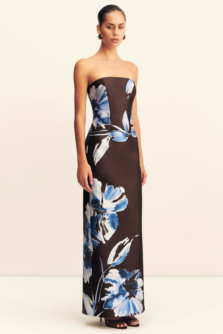 Elsa Panelled Strapless Maxi Dress in Espresso/ Blue