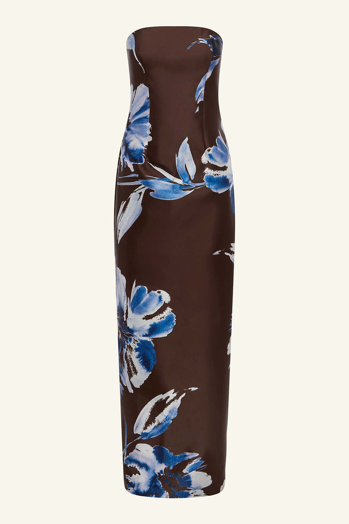 Elsa Panelled Strapless Maxi Dress in Espresso/ Blue