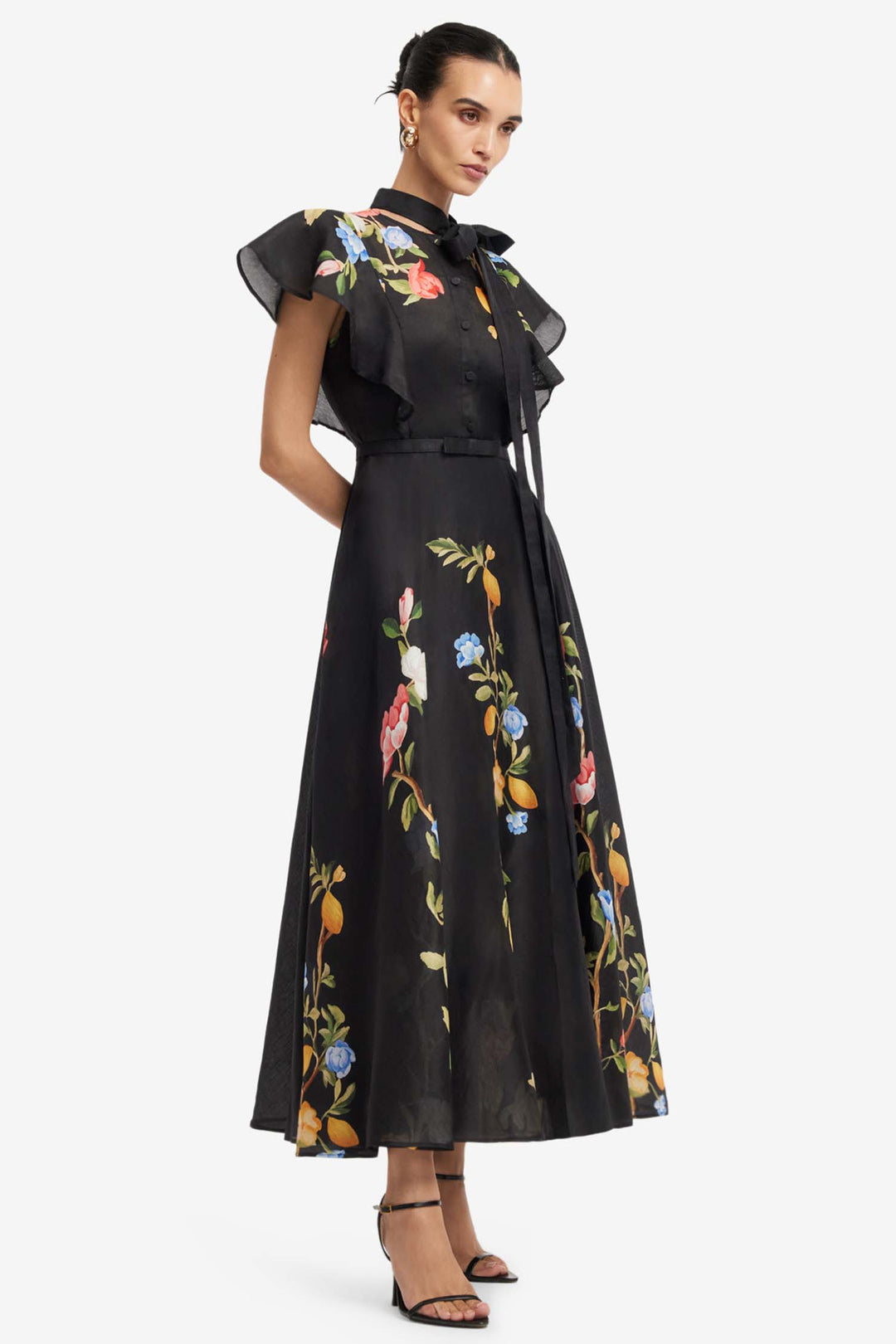 Elsie Flutter Sleeve Midi Dress in Lemon Vine Print in Ebony