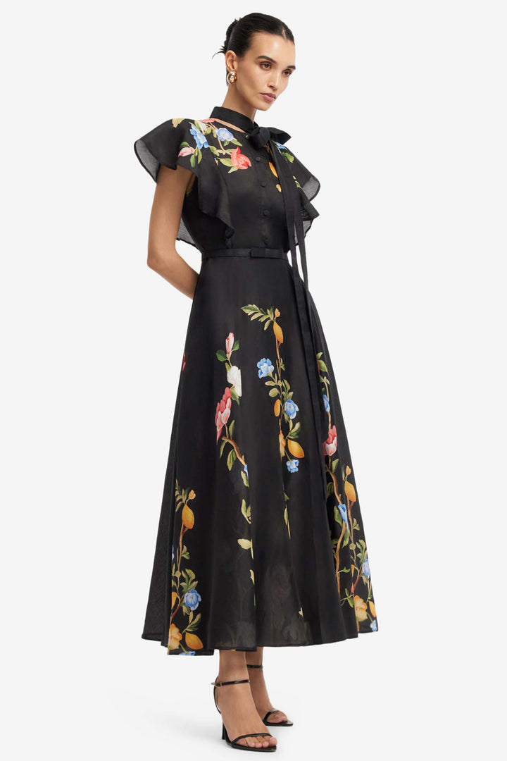 Elsie Flutter Sleeve Midi Dress in Lemon Vine Print in Ebony