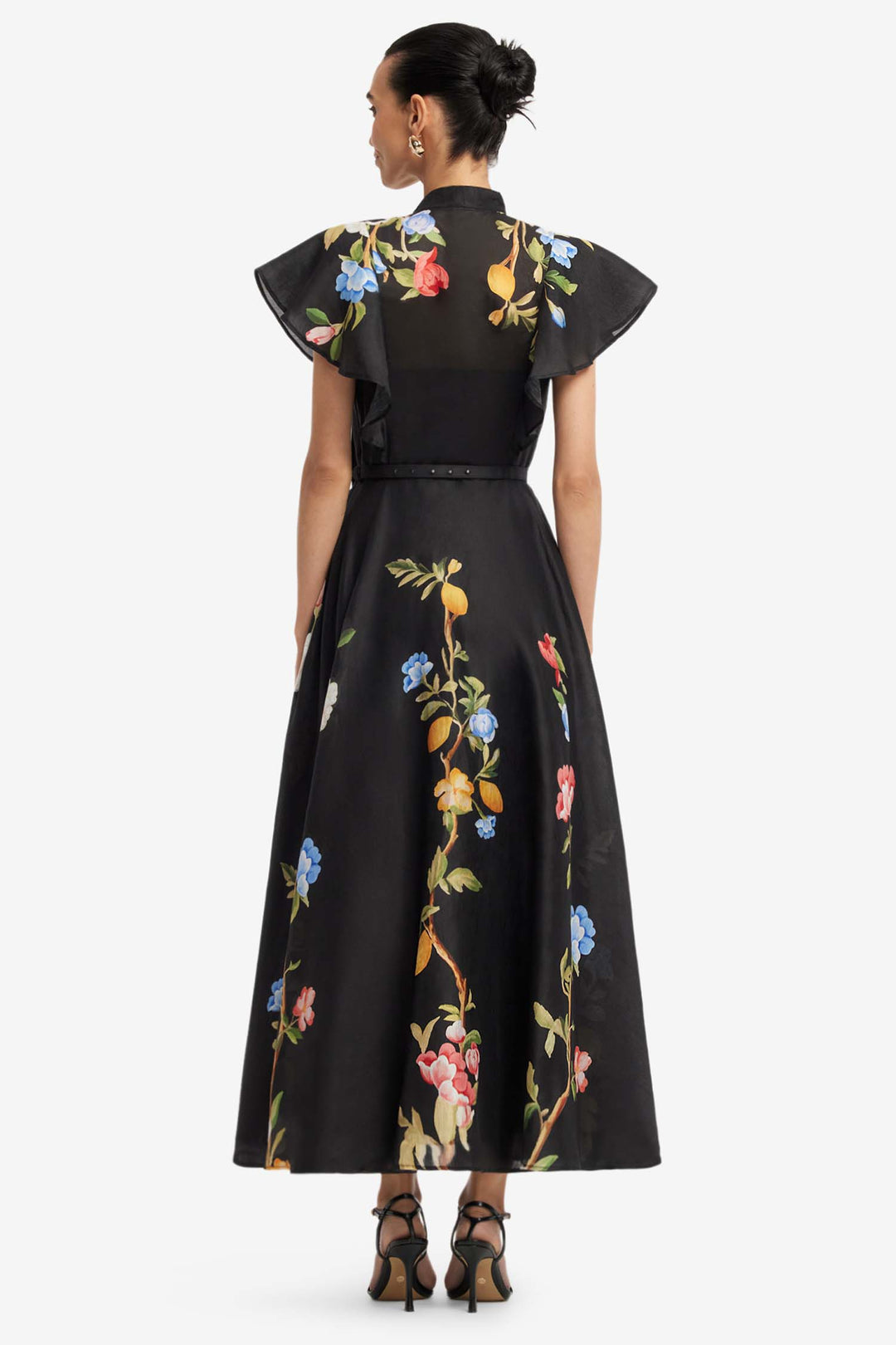 Elsie Flutter Sleeve Midi Dress in Lemon Vine Print in Ebony