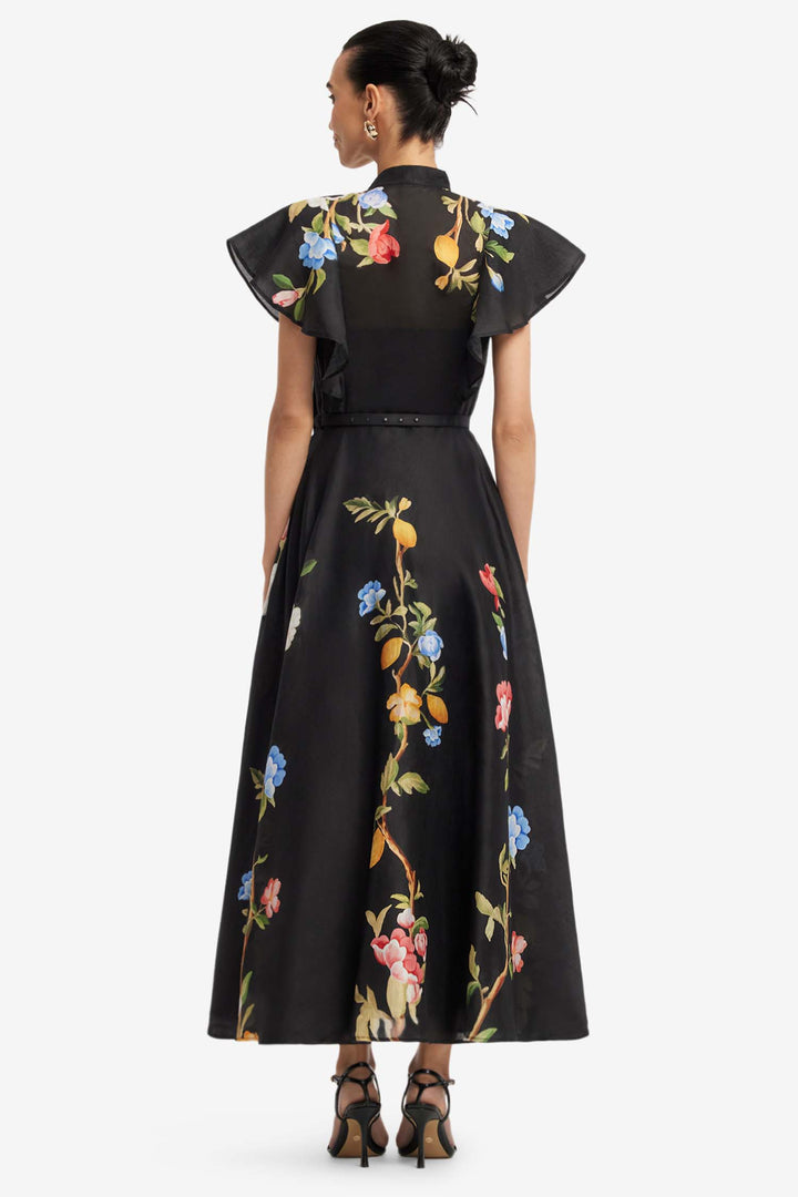 Elsie Flutter Sleeve Midi Dress in Lemon Vine Print in Ebony
