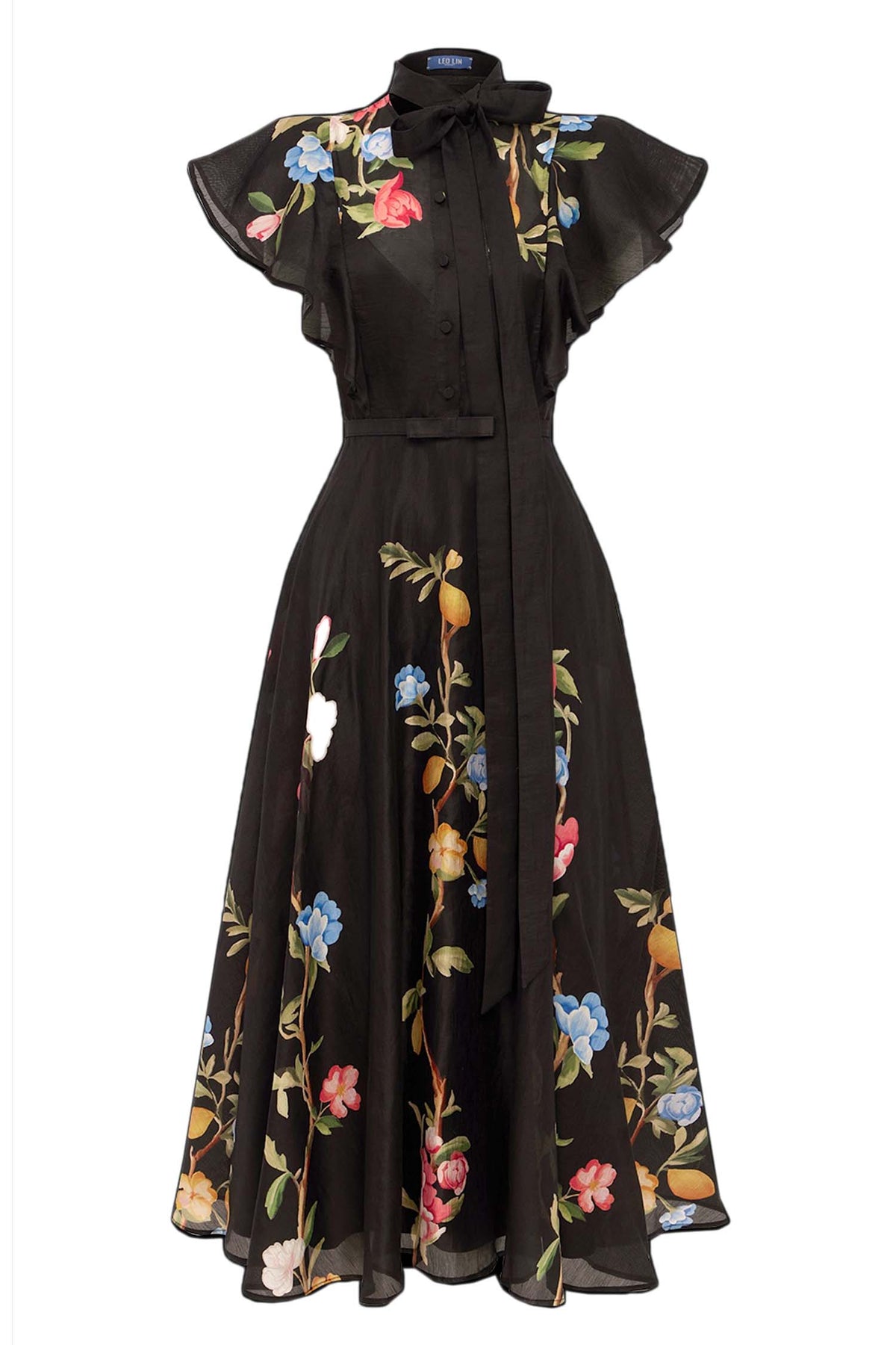 Elsie Flutter Sleeve Midi Dress in Lemon Vine Print in Ebony by Leo Lin   Frockaholics at Momento Dezigns