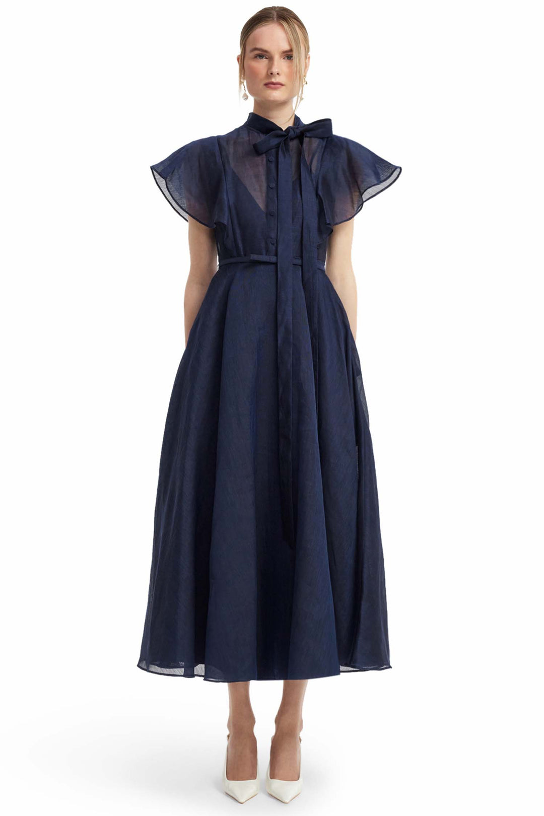 Elise Flutter Sleeve Midi Dress in Midnight