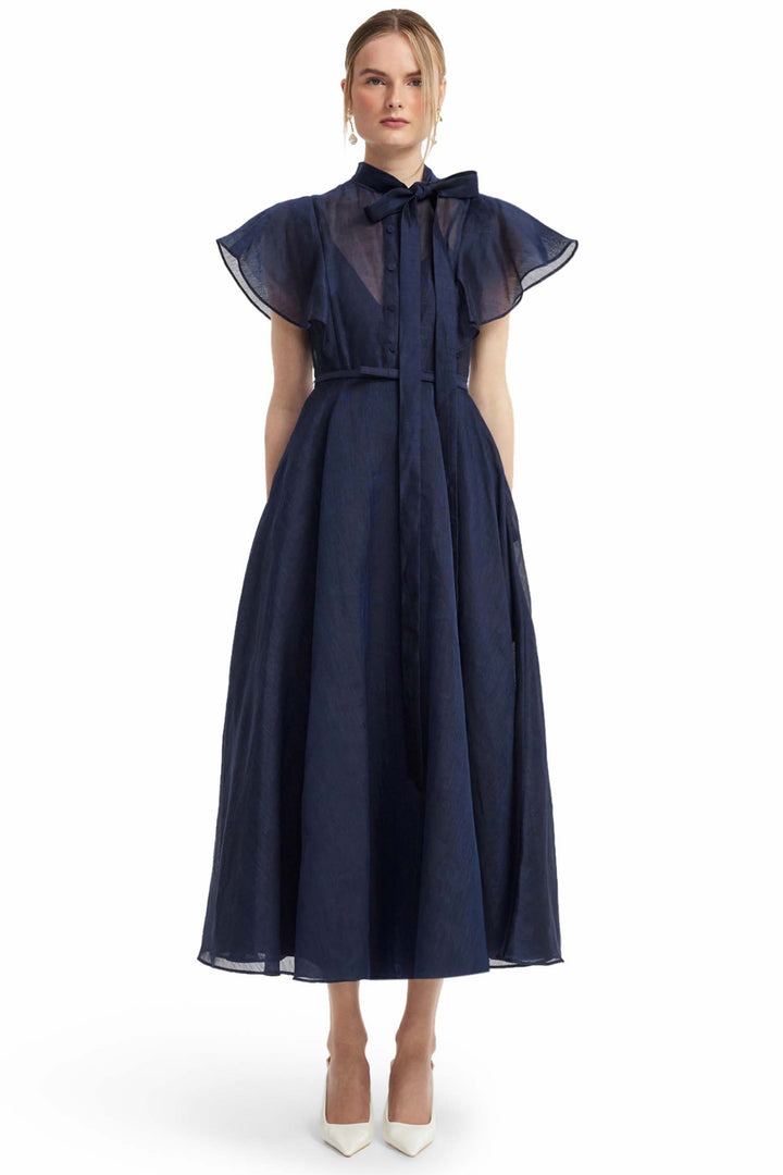 Elise Flutter Sleeve Midi Dress in Midnight