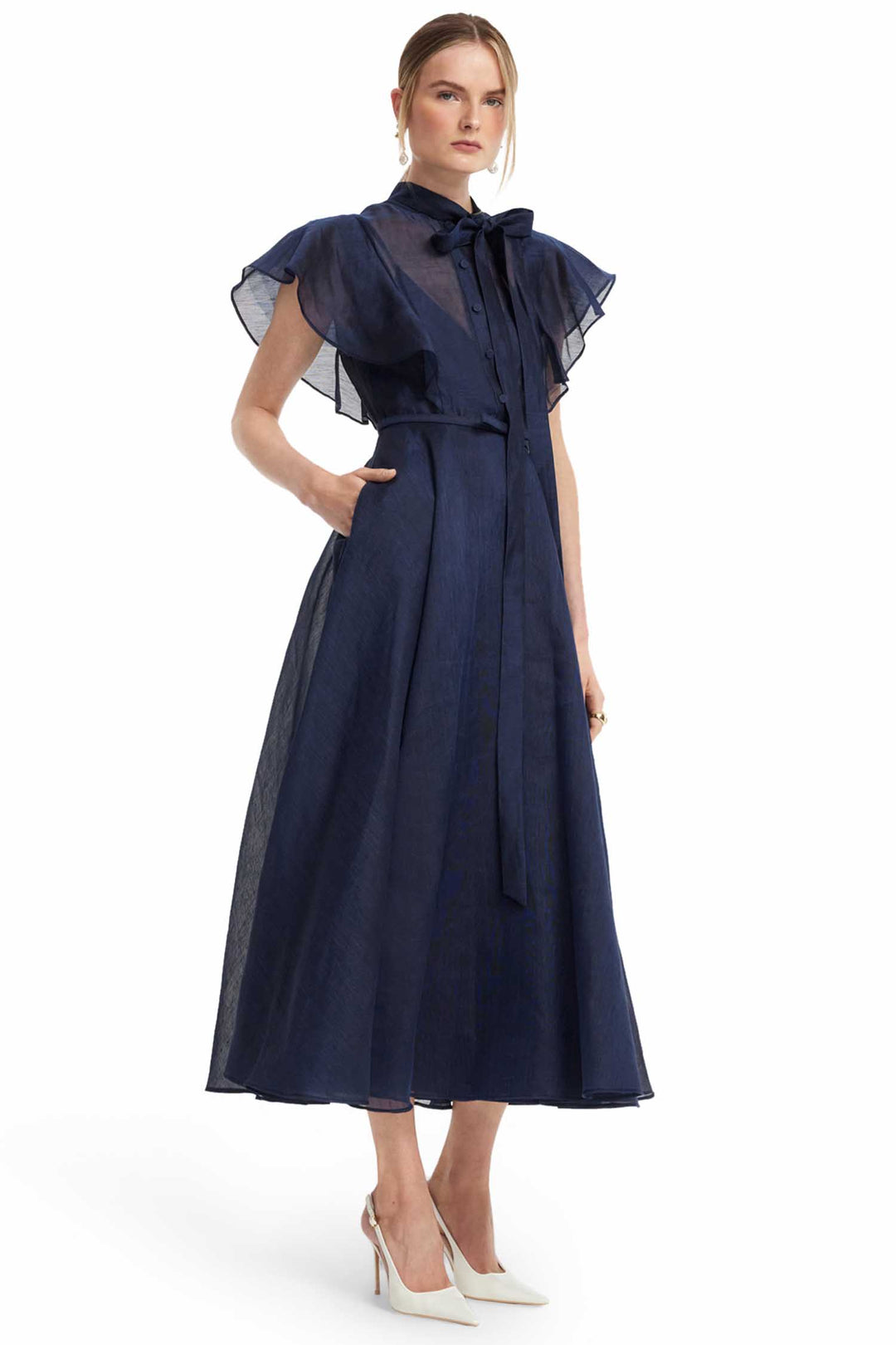 Elise Flutter Sleeve Midi Dress in Midnight