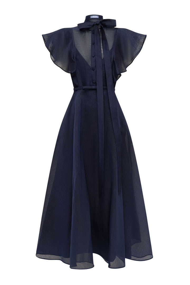 Elise Flutter Sleeve Midi Dress in Midnight
