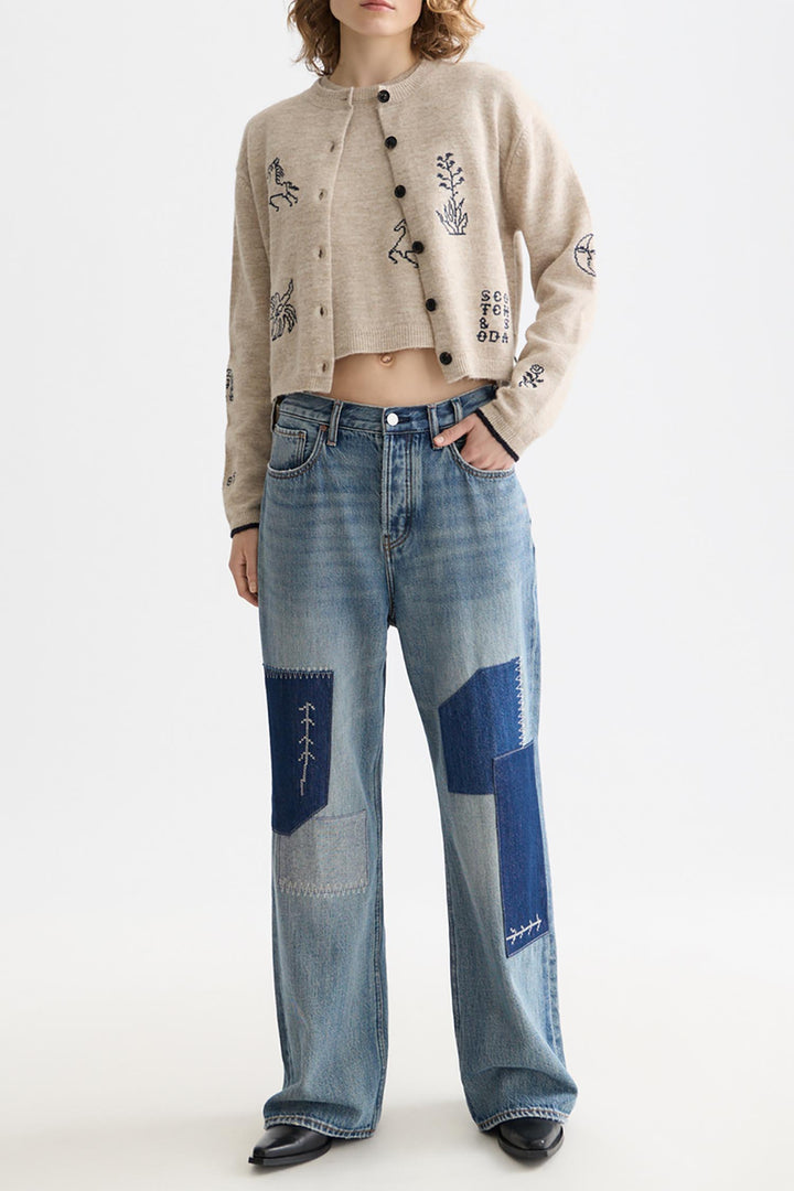 Embroidered Crew Neck Cardigan in Oatmeal Melange