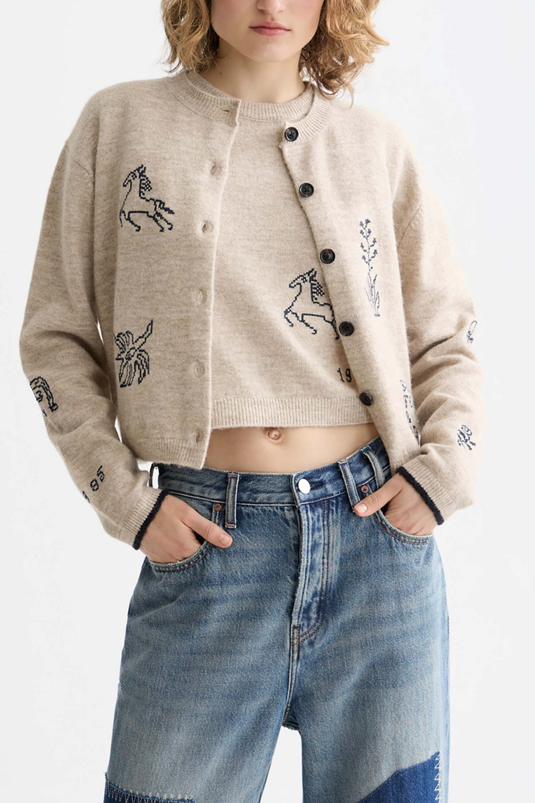 Embroidered Crew Neck Cardigan in Oatmeal Melange