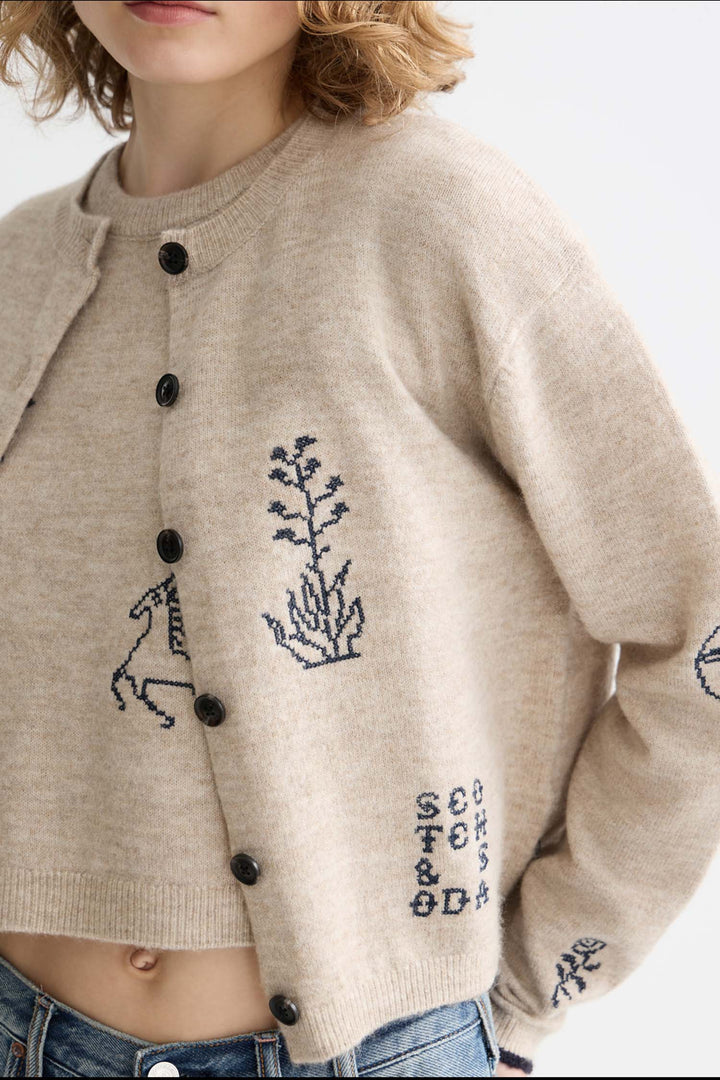 Embroidered Crew Neck Cardigan in Oatmeal Melange