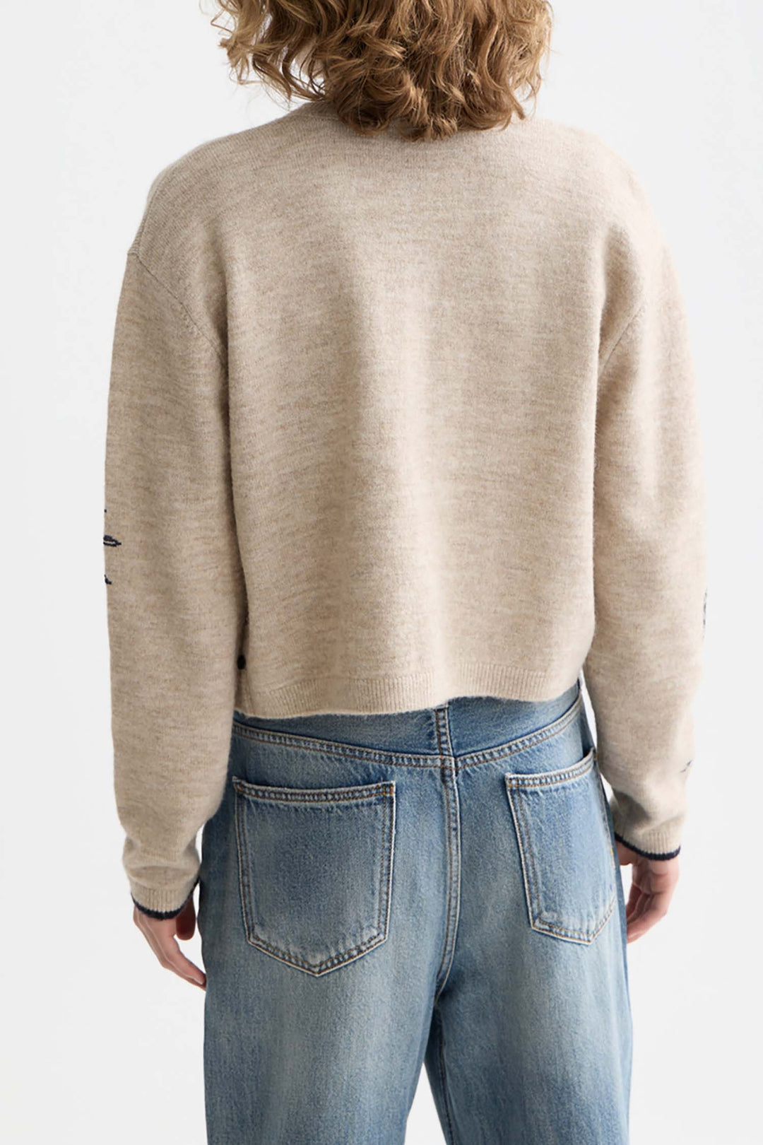 Embroidered Crew Neck Cardigan in Oatmeal Melange