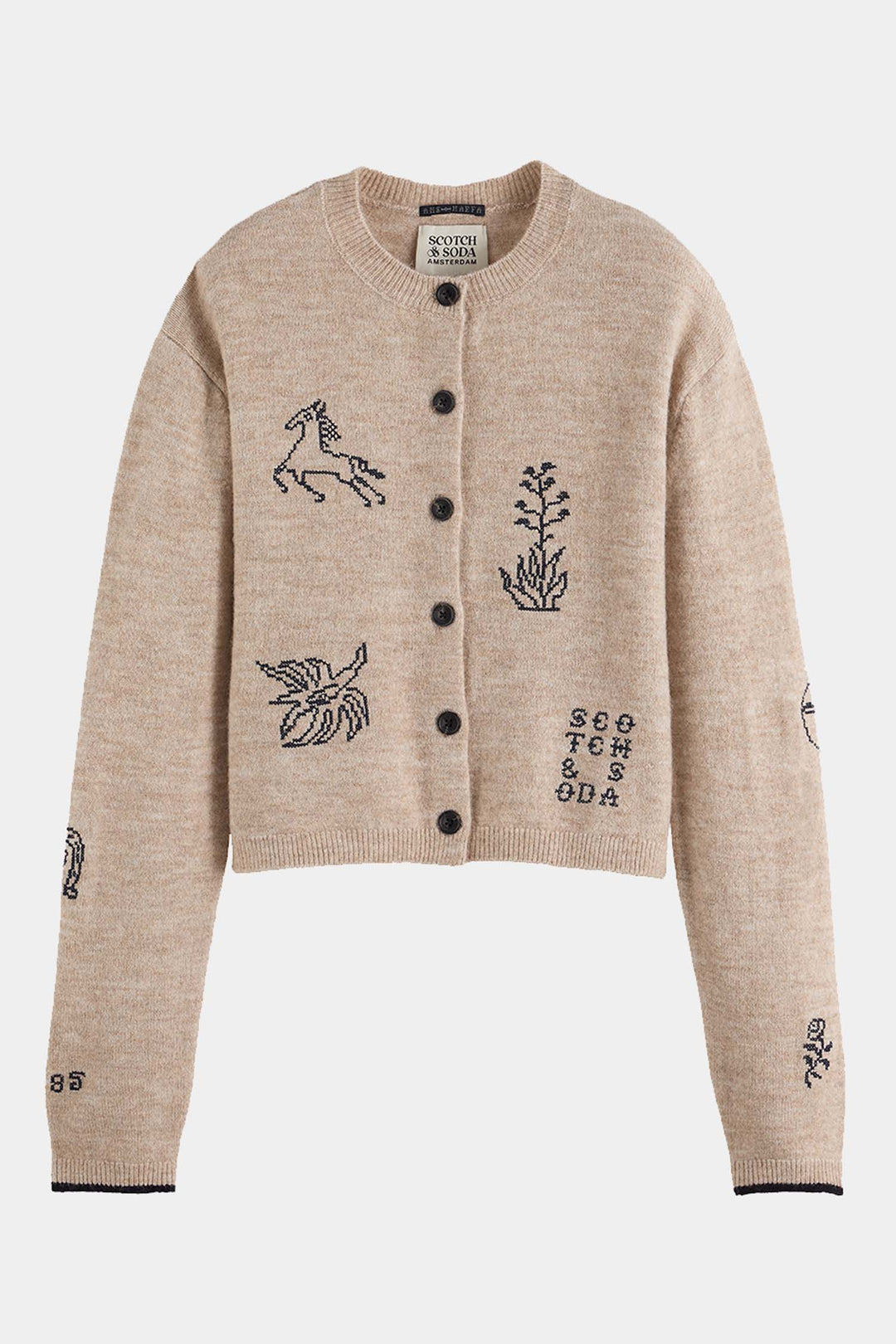Embroidered Crew Neck Cardigan in Oatmeal Melange