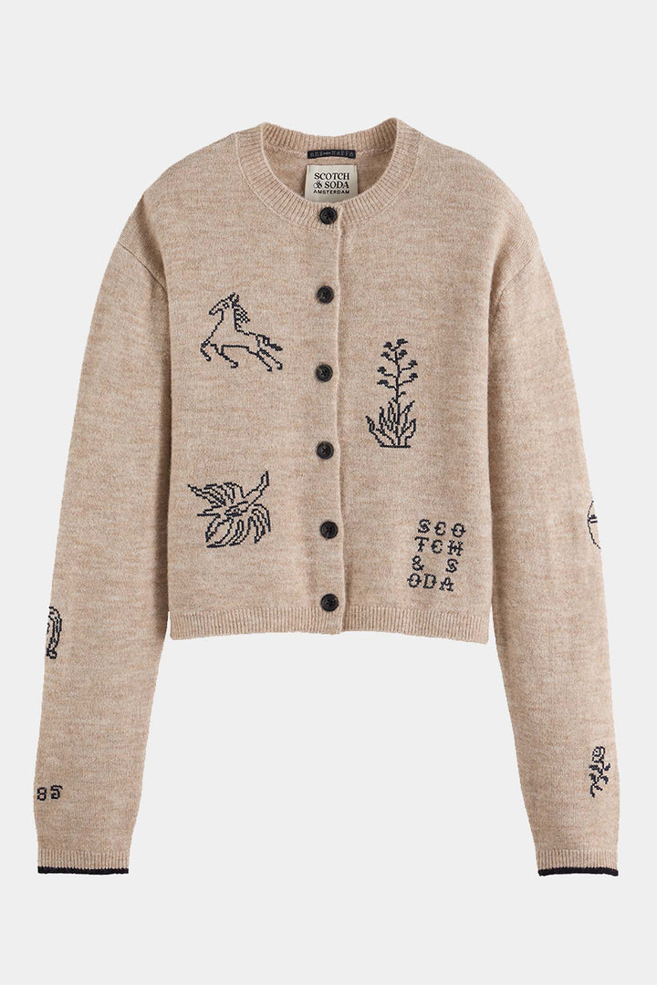 Embroidered Crew Neck Cardigan in Oatmeal Melange