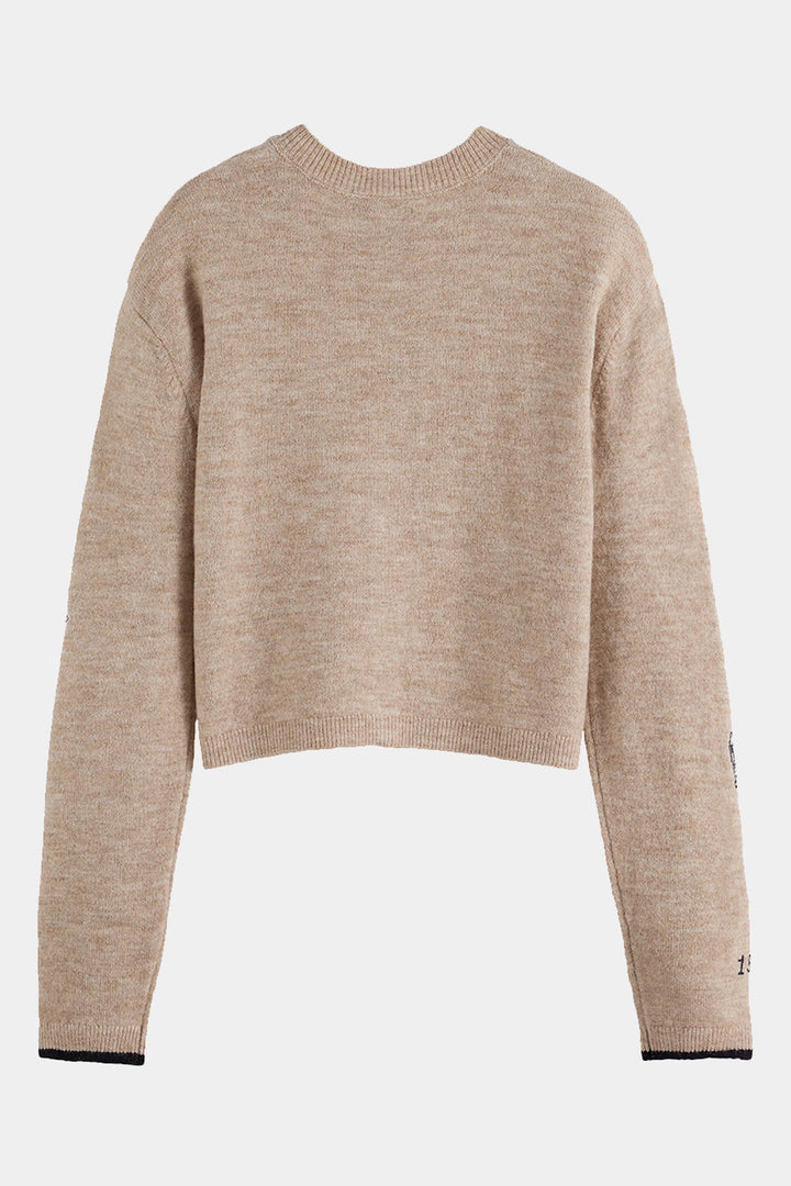 Embroidered Crew Neck Cardigan in Oatmeal Melange