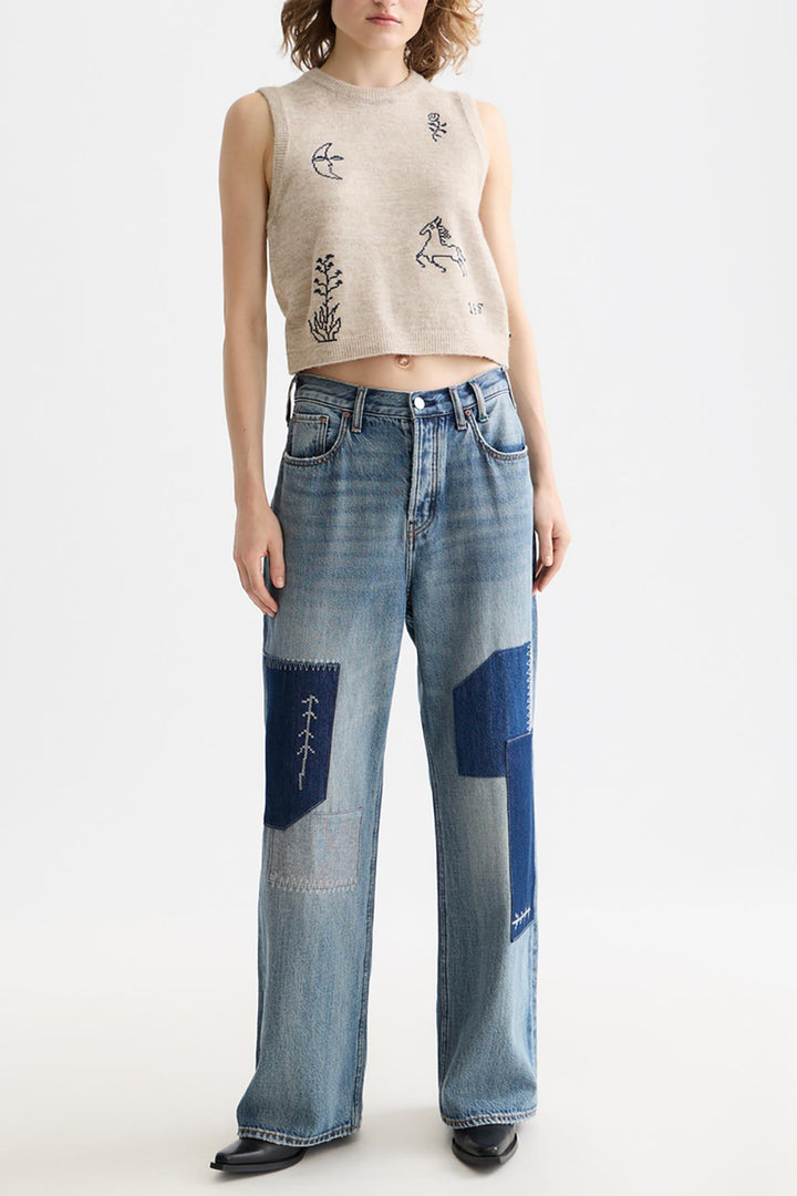 Embroidered Knitted Tank in Oatmeal Melange