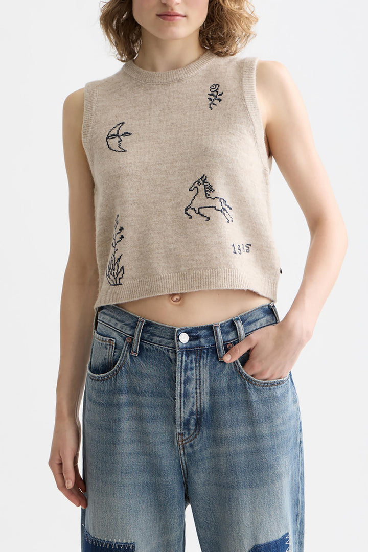 Embroidered Knitted Tank in Oatmeal Melange
