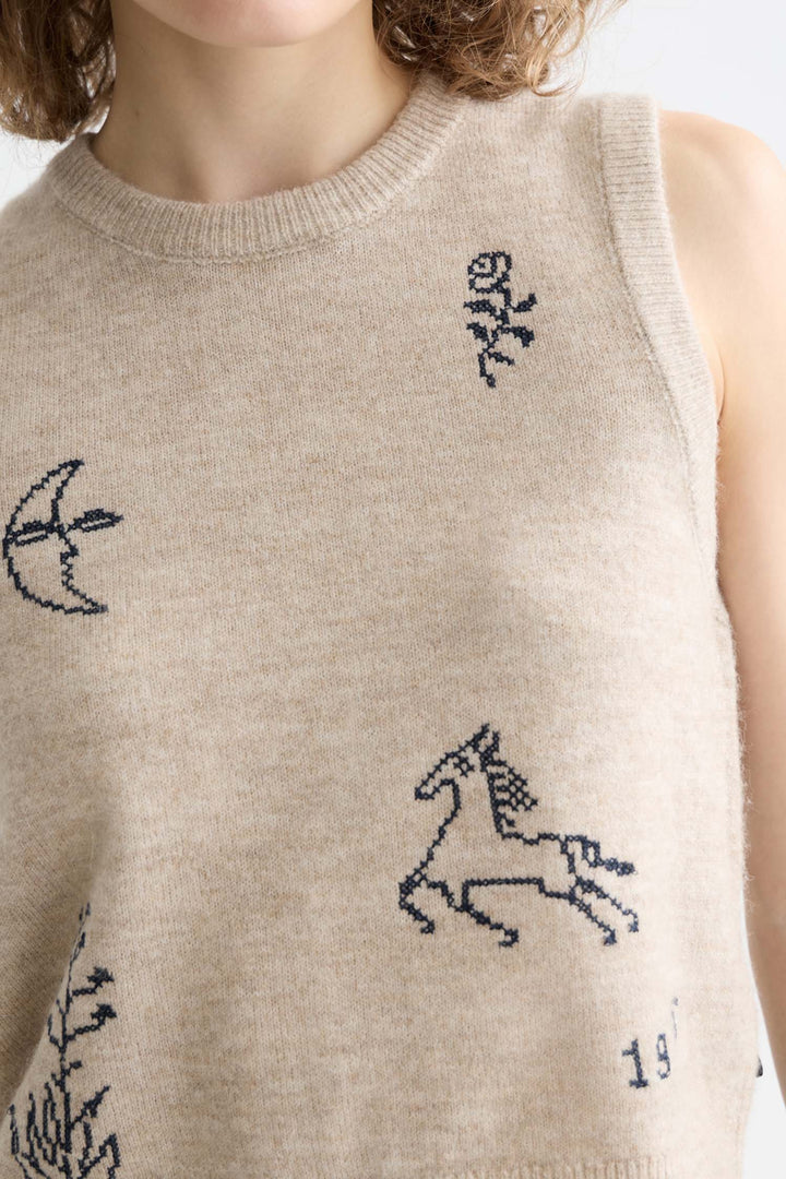 Embroidered Knitted Tank in Oatmeal Melange