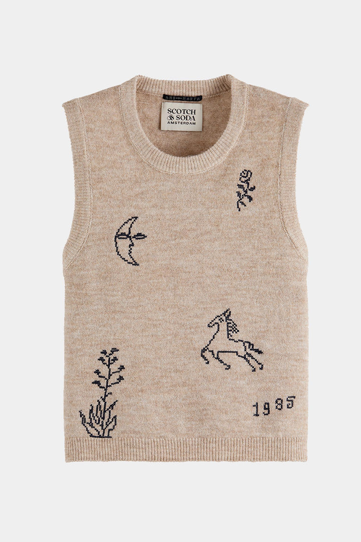 Embroidered Knitted Tank in Oatmeal Melange