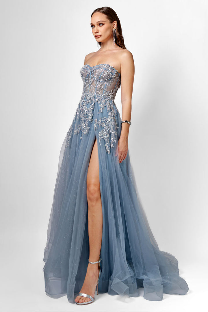 Emmy Strapless Ballgown in Steel Blue