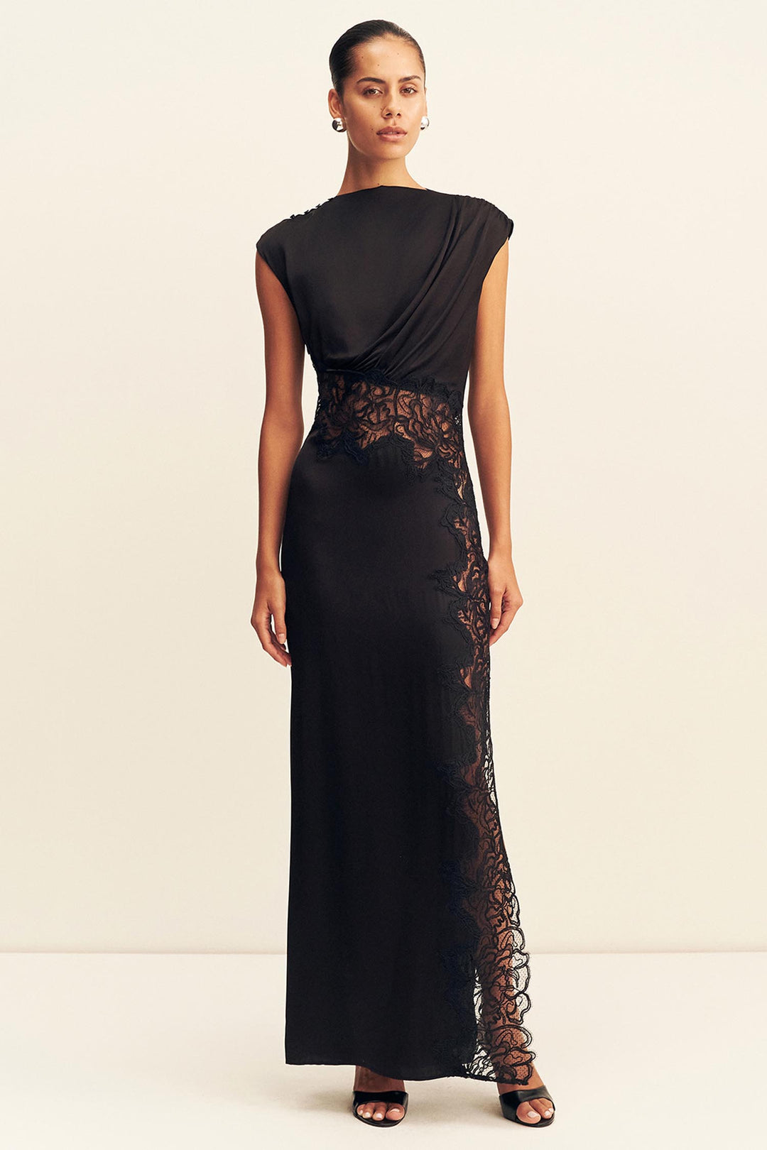 Eniko Lace Gathered Maxi Dress in Black