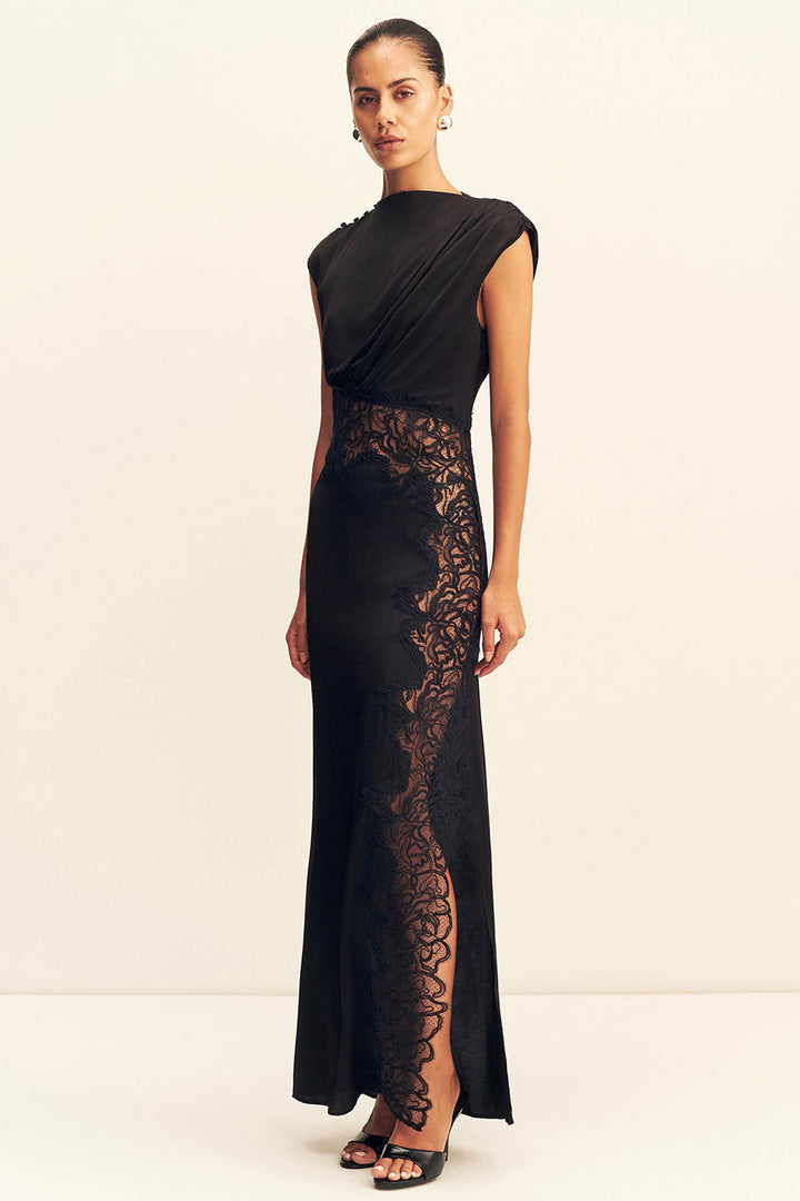 Eniko Lace Gathered Maxi Dress in Black