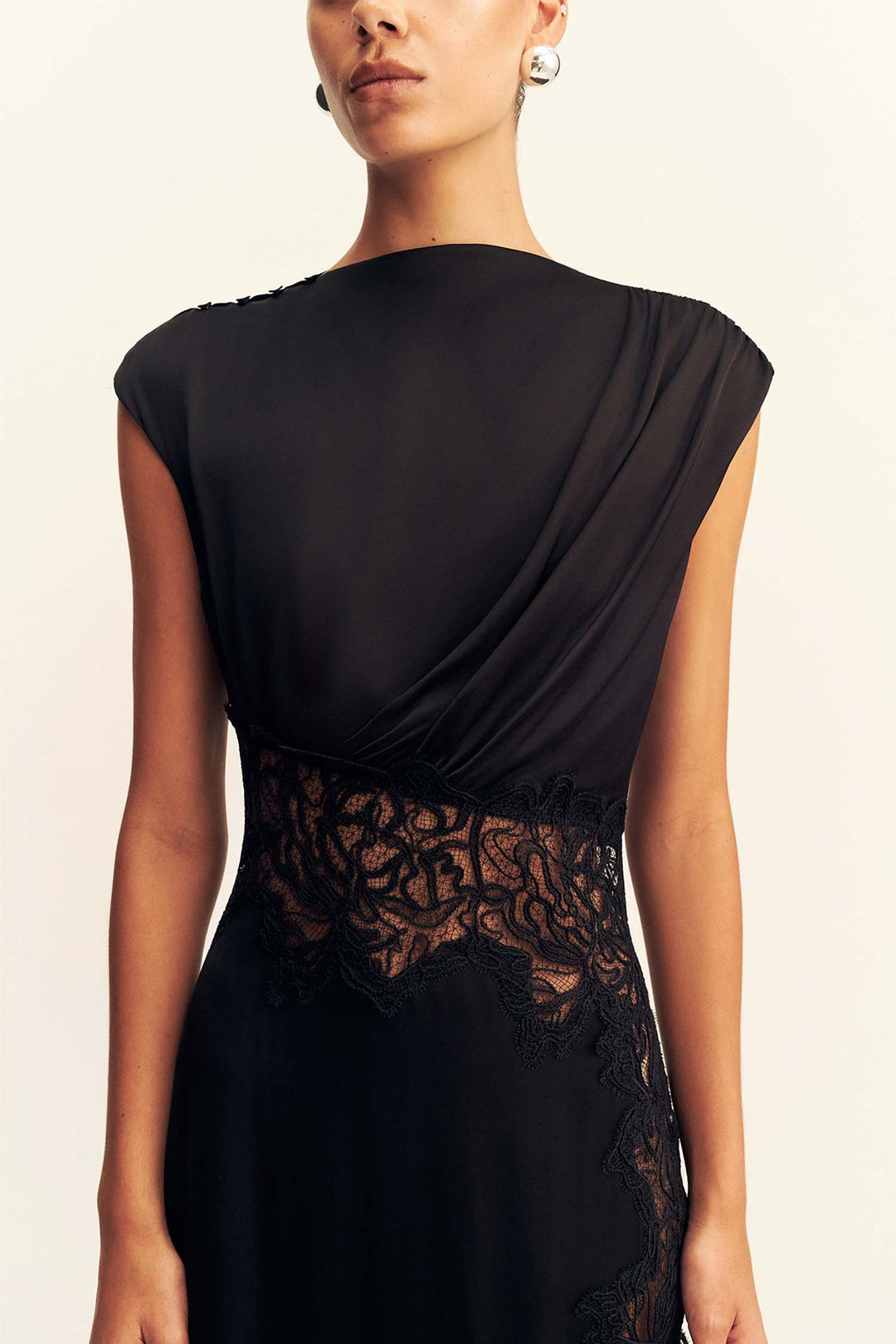 Eniko Lace Gathered Maxi Dress in Black