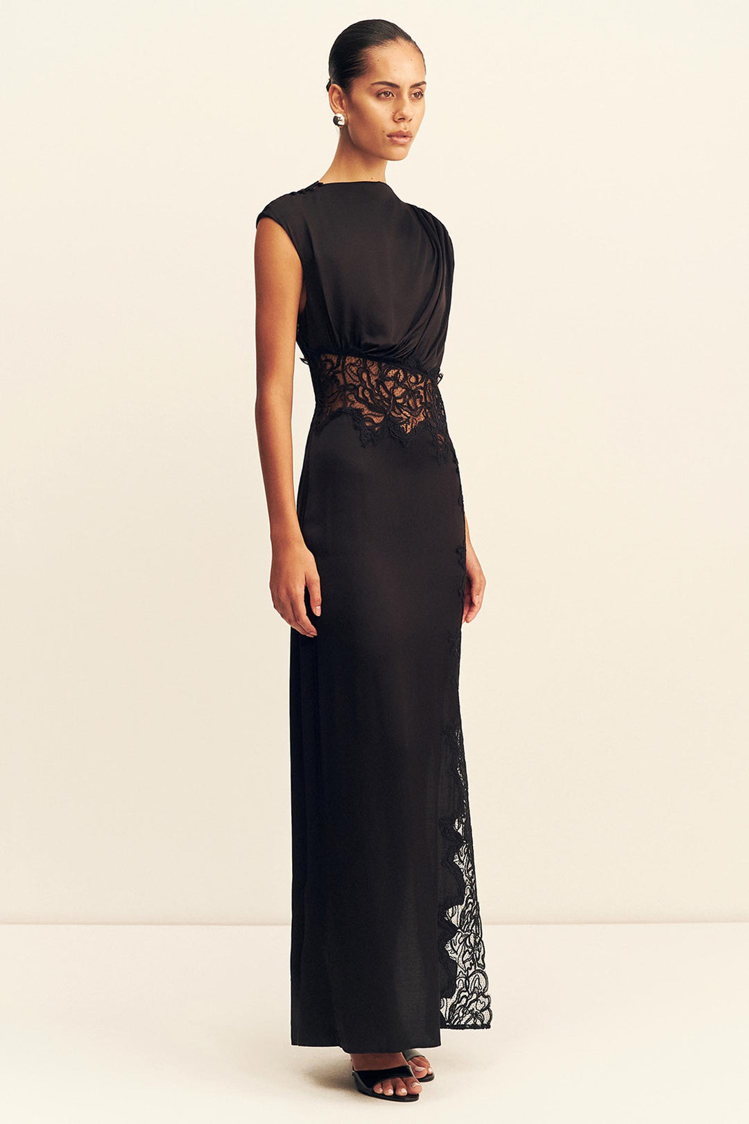 Eniko Lace Gathered Maxi Dress in Black