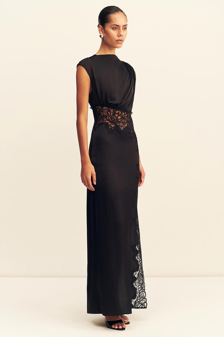 Eniko Lace Gathered Maxi Dress in Black