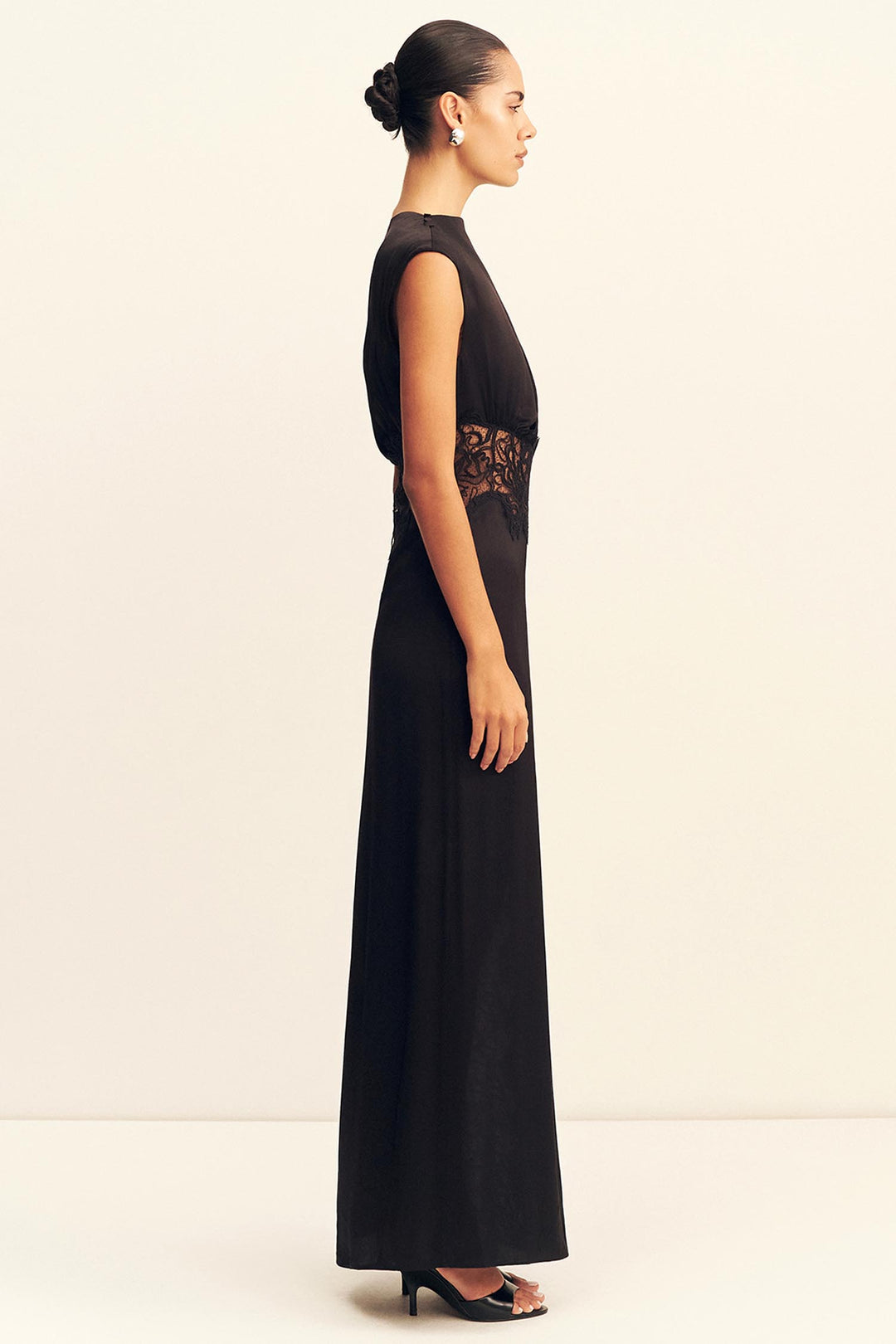 Eniko Lace Gathered Maxi Dress in Black