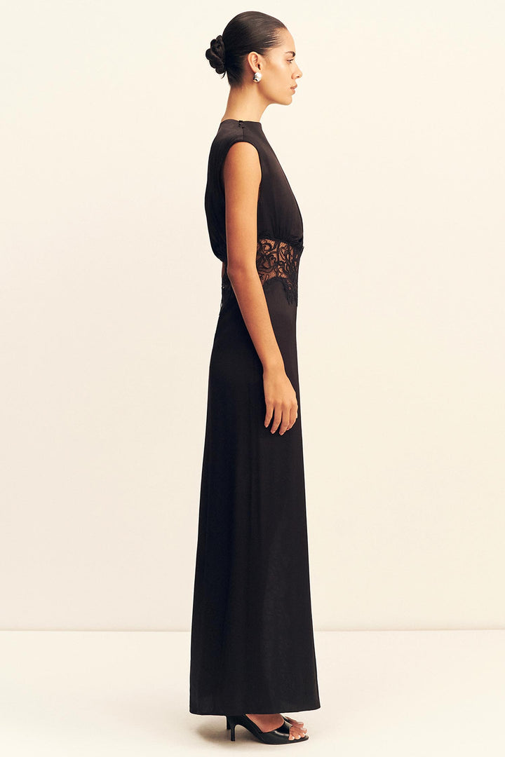 Eniko Lace Gathered Maxi Dress in Black