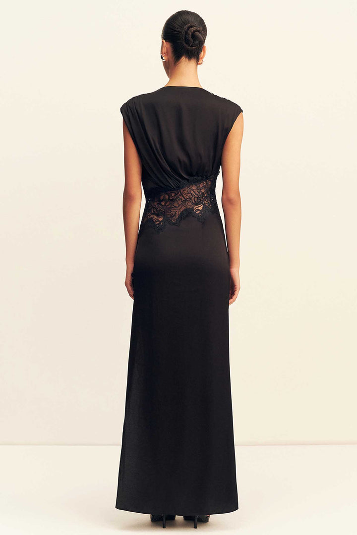 Eniko Lace Gathered Maxi Dress in Black