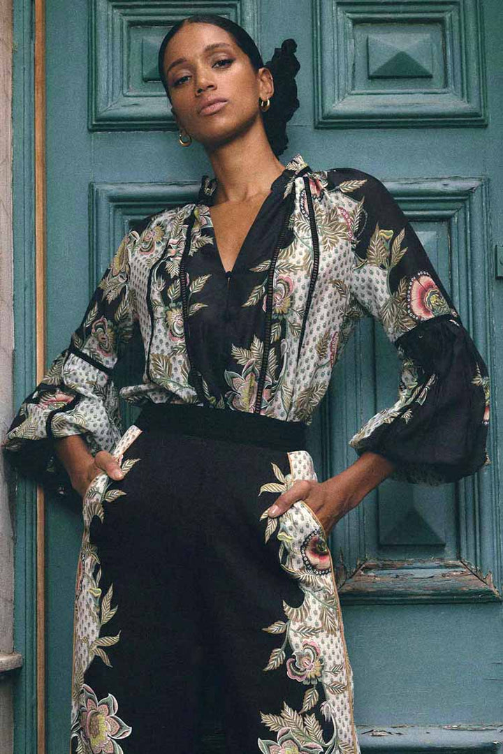 Espada Lace Trim Silk Blouse in Mariposa Nero