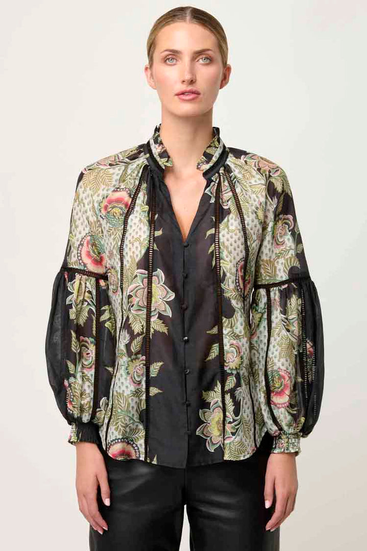 Espada Lace Trim Silk Blouse in Mariposa Nero