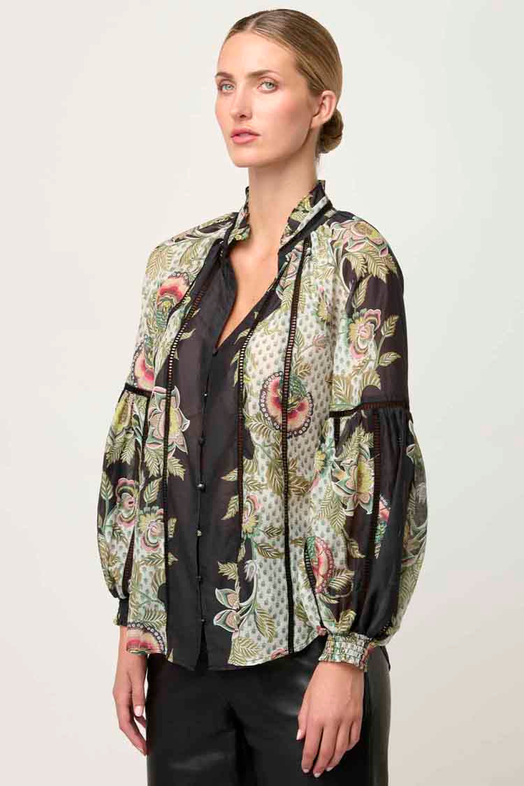 Espada Lace Trim Silk Blouse in Mariposa Nero