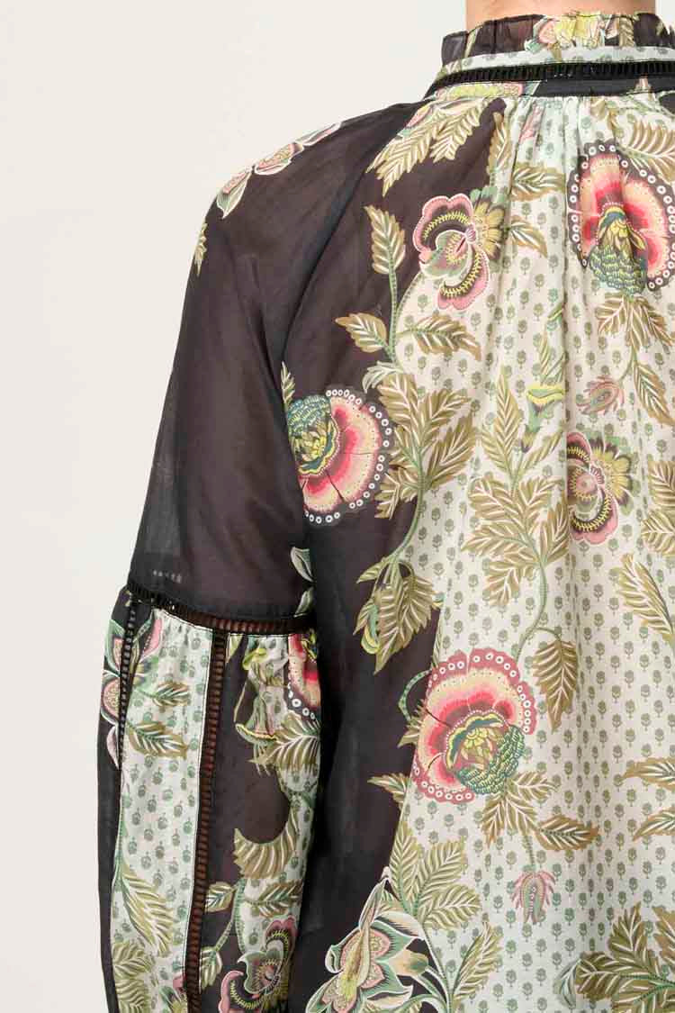 Espada Lace Trim Silk Blouse in Mariposa Nero