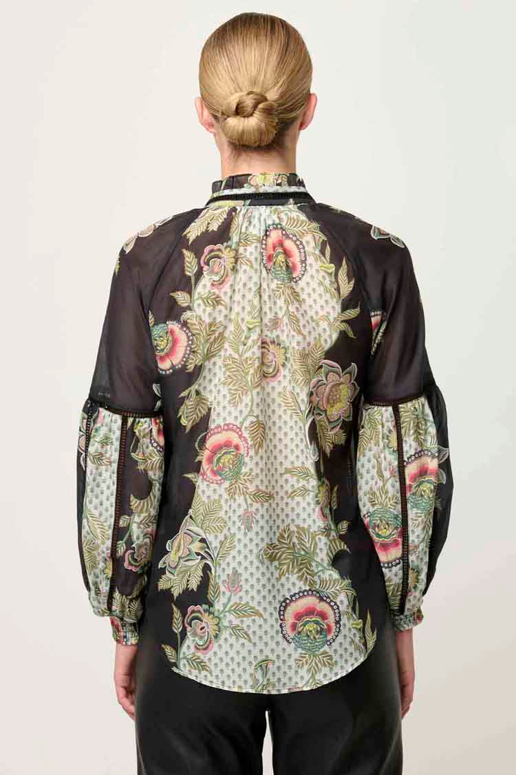 Espada Lace Trim Silk Blouse in Mariposa Nero