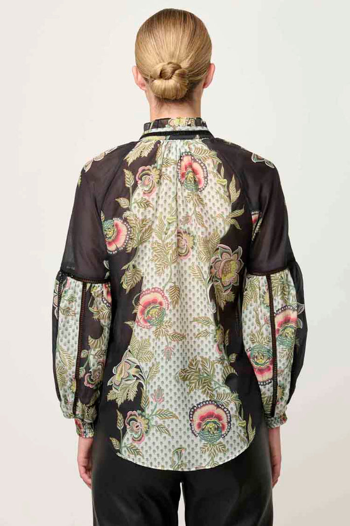 Espada Lace Trim Silk Blouse in Mariposa Nero