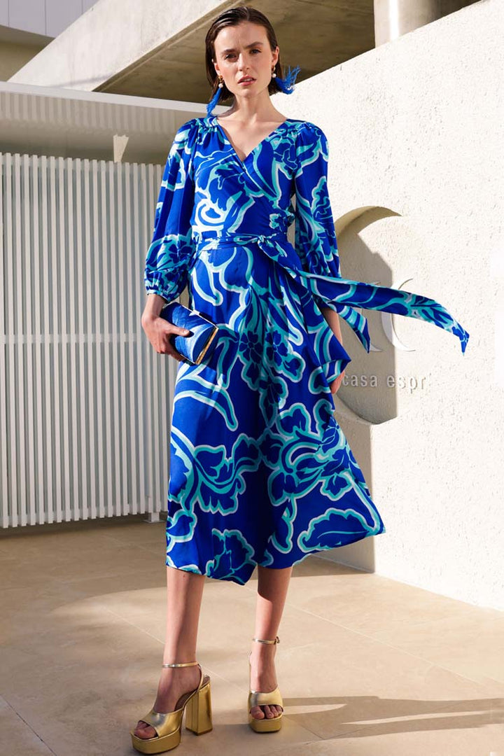 Ethereal Wrap Dress in Azure Blue Floral