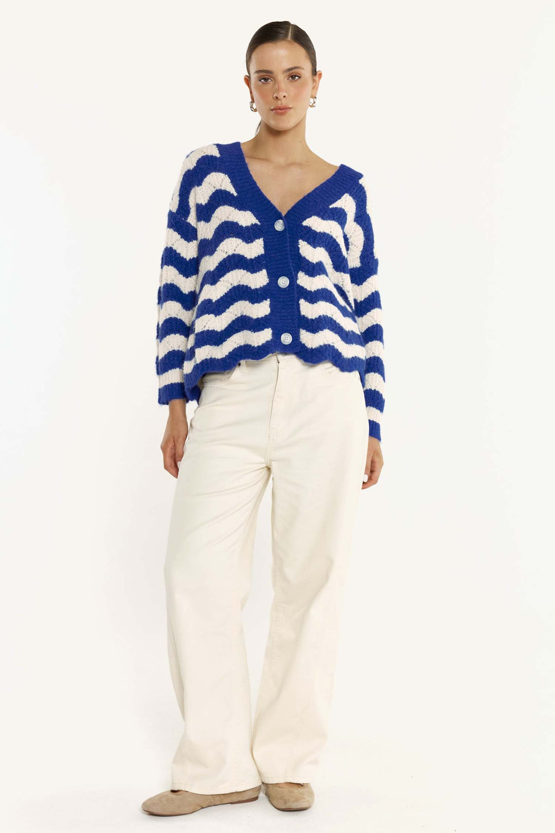 Etta Wavy Stripe Cardi in Cream/Blue Stripe