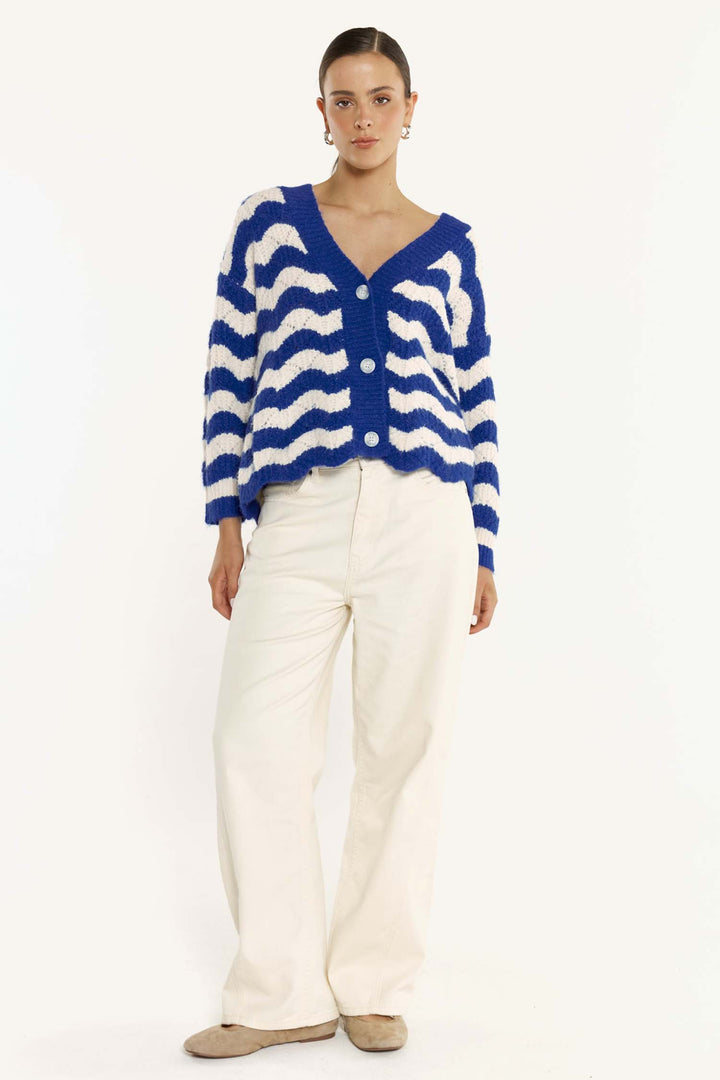 Etta Wavy Stripe Cardi in Cream/Blue Stripe