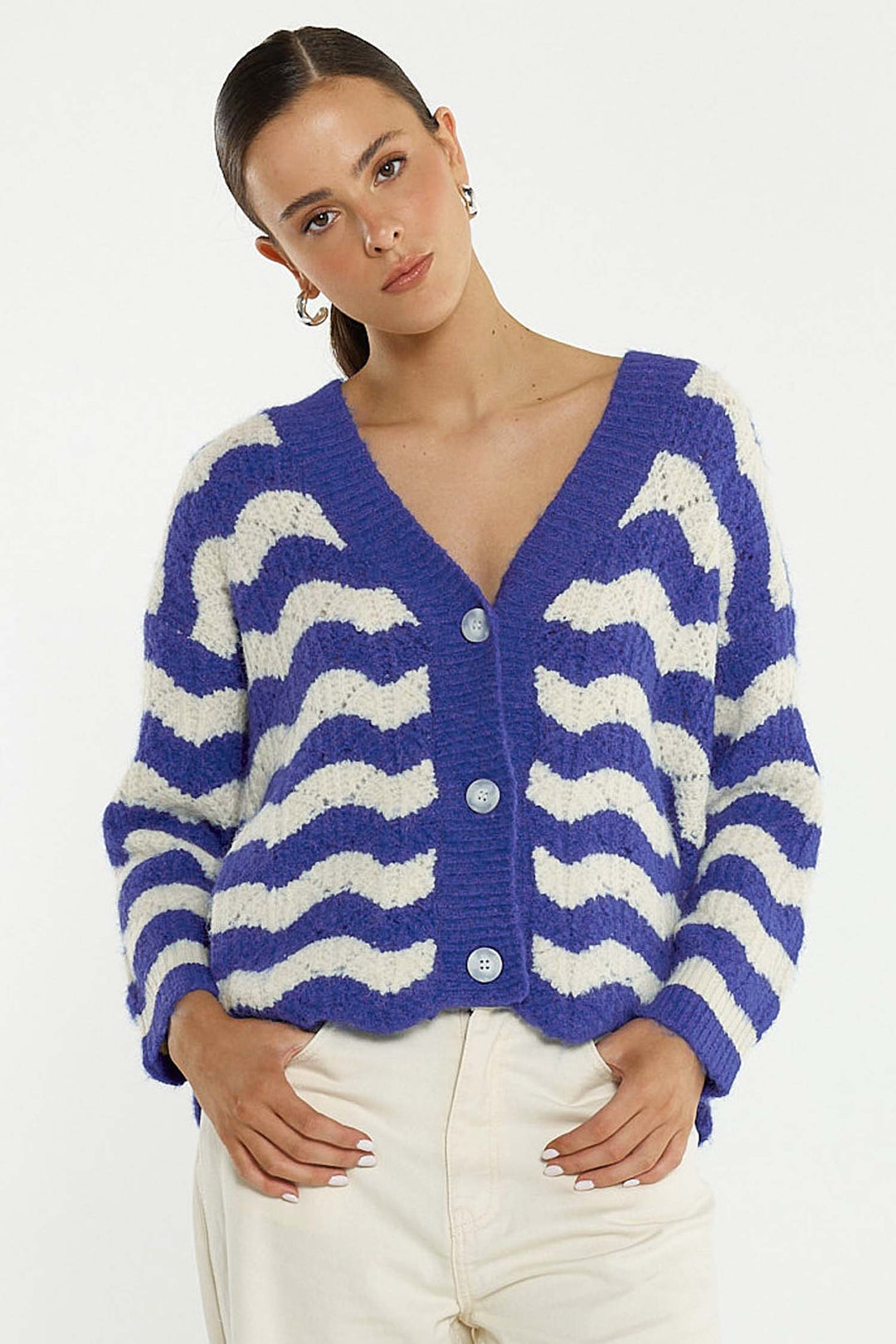 Etta Wavy Stripe Cardi in Cream/Blue Stripe