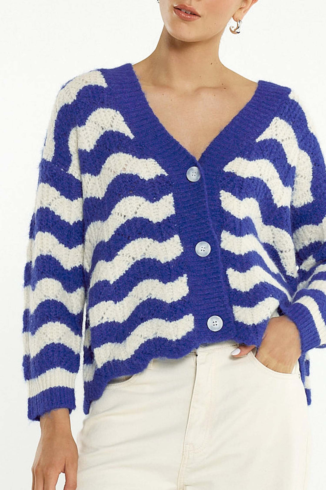 Etta Wavy Stripe Cardi in Cream/Blue Stripe