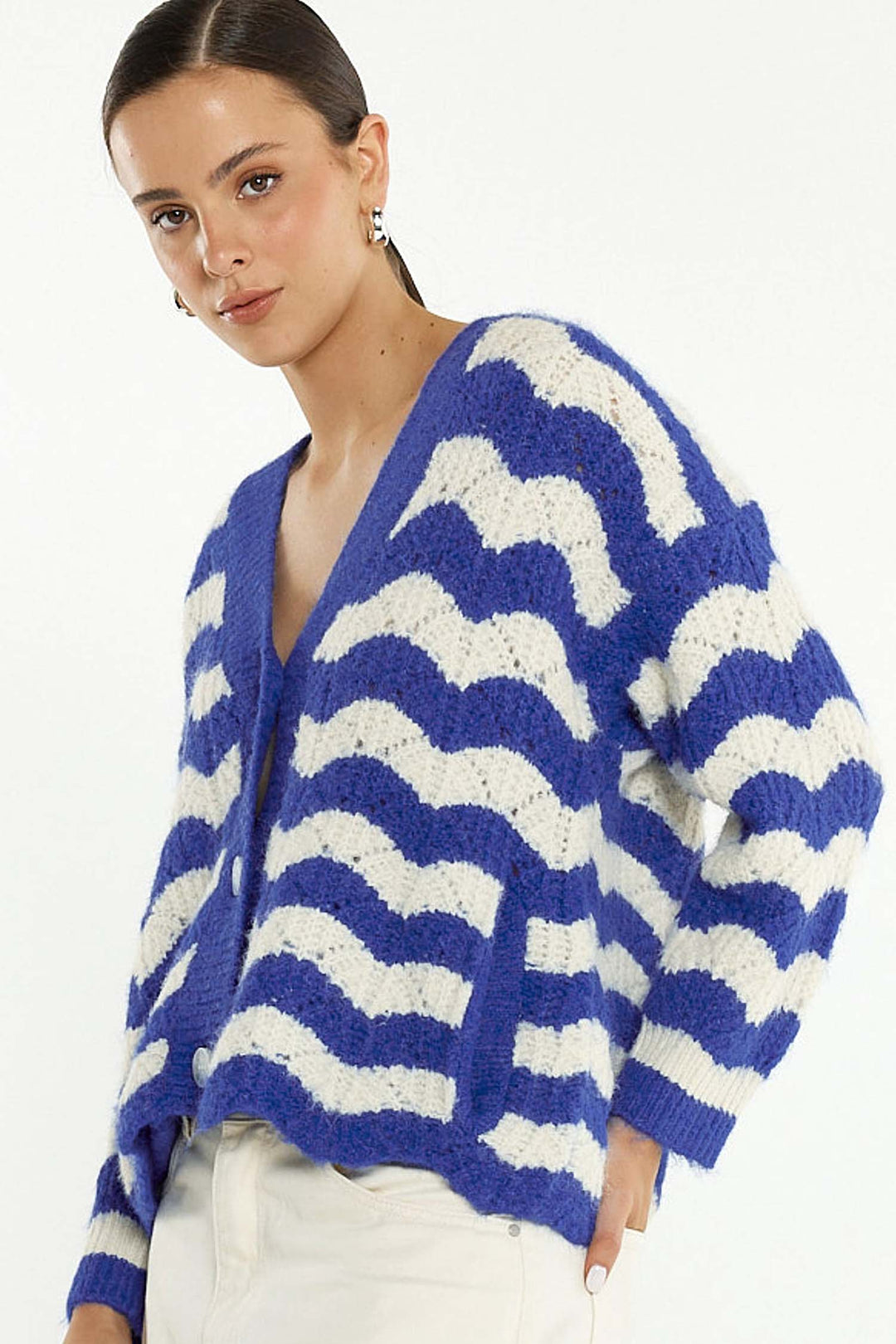 Etta Wavy Stripe Cardi in Cream/Blue Stripe