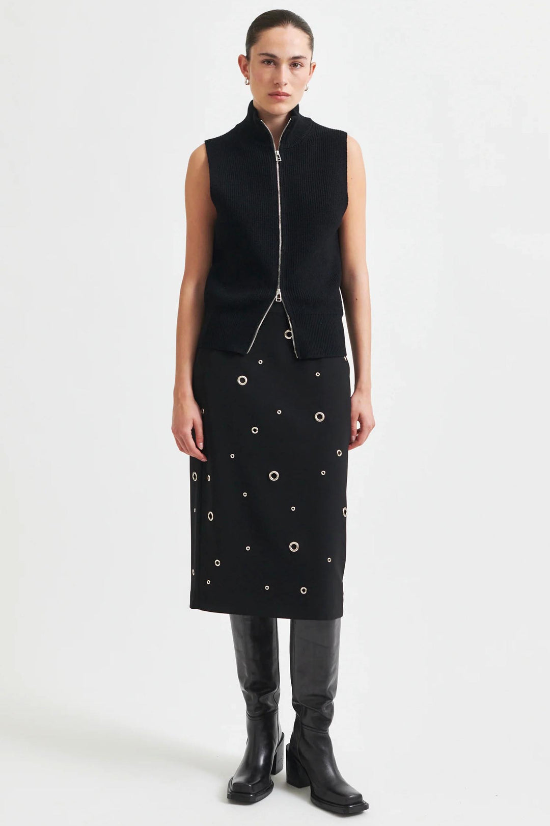 Eyla Pencil Skirt w Eyelets in Black