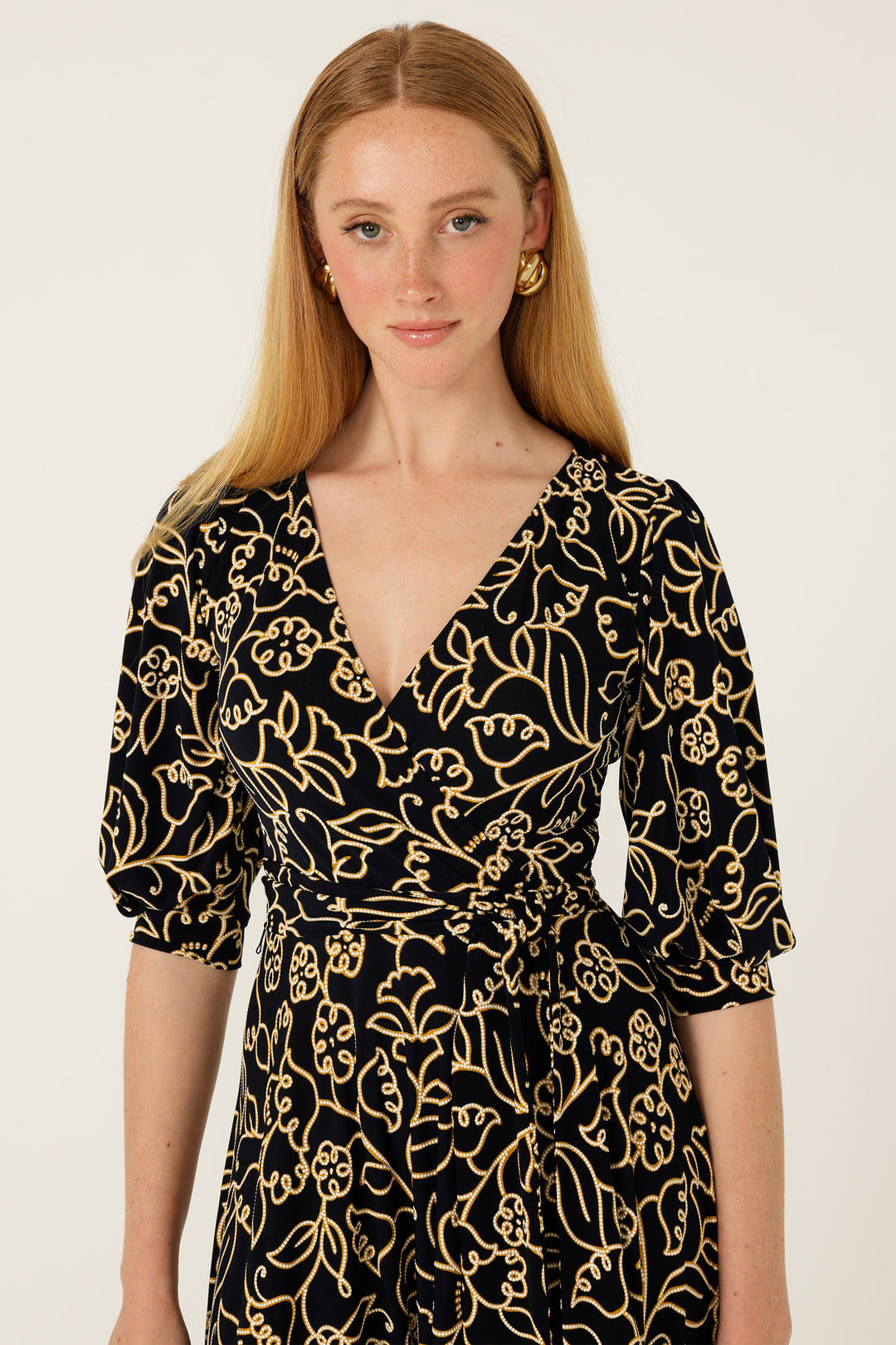 Faye Midi Dress in Navy Gold Flower