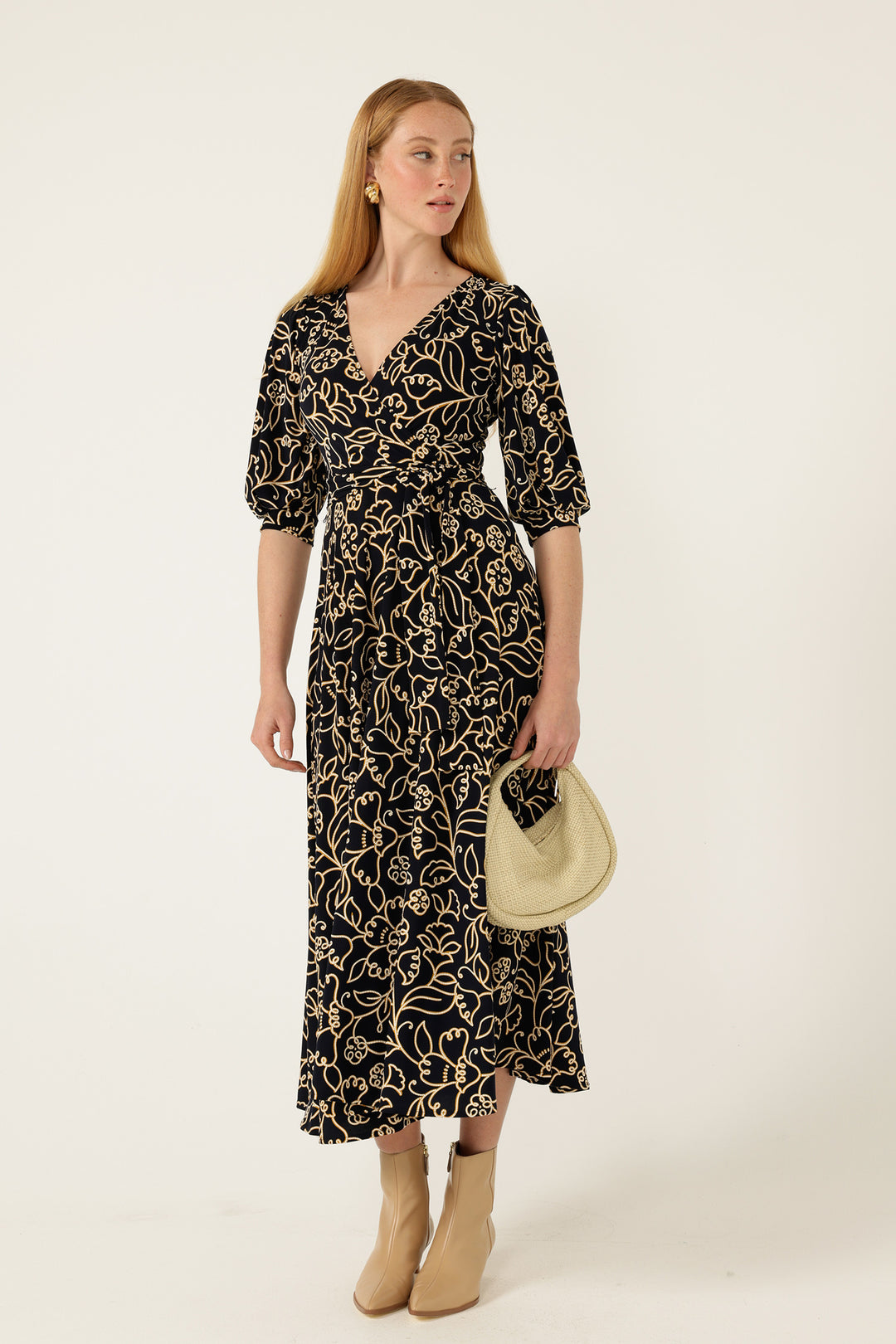 Faye Midi Dress in Navy Gold Flower