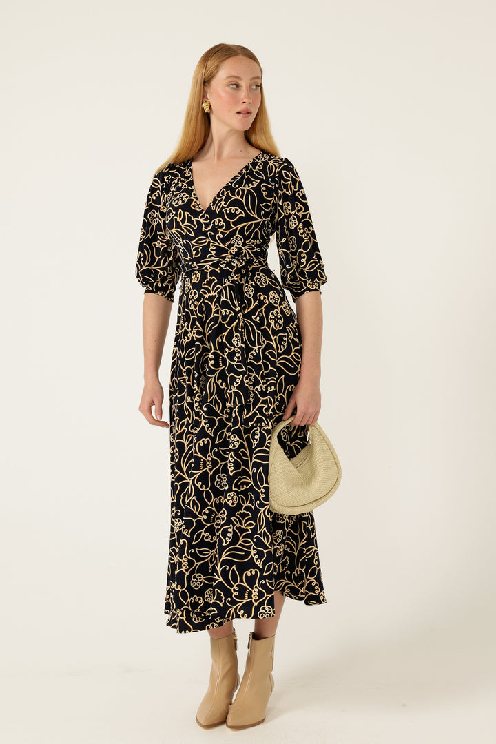 Faye Midi Dress in Navy Gold Flower